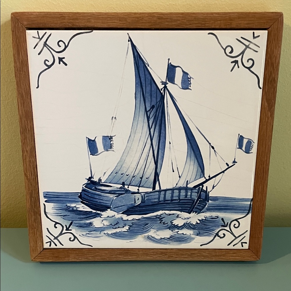 Vintage Delft Blue Nautical Tile in Wood Frame